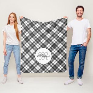 Tartan pattern Christmas black white Monogram Fleece Blanket