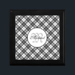 Tartan pattern Christmas black white Monogram Gift Box<br><div class="desc">Monogram Personalise with your custom initial and name. Tartan pattern holidays Christmas xmas black white elegant lines geometric cool fun classic elegance
christmas,  tartan,  pattern,  holidays,  xmas,  black and white,  elegant,  lines,  geometric,  cool,  fun,  classic,  elegance</div>