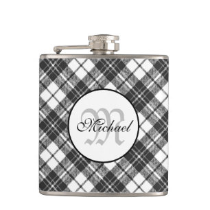 Tartan pattern Christmas black white Monogram Hip Flask