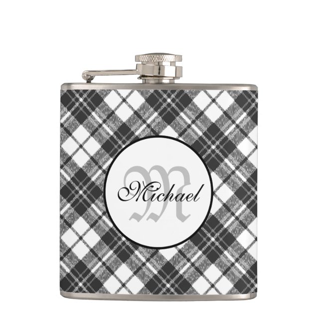Tartan pattern Christmas black white Monogram Hip Flask (Front)