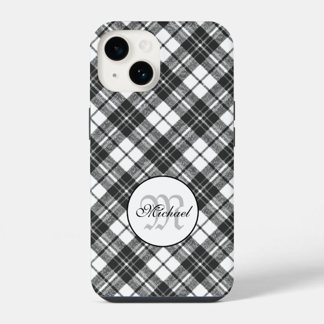 Tartan pattern Christmas black white Monogram iPhone Case (Back)