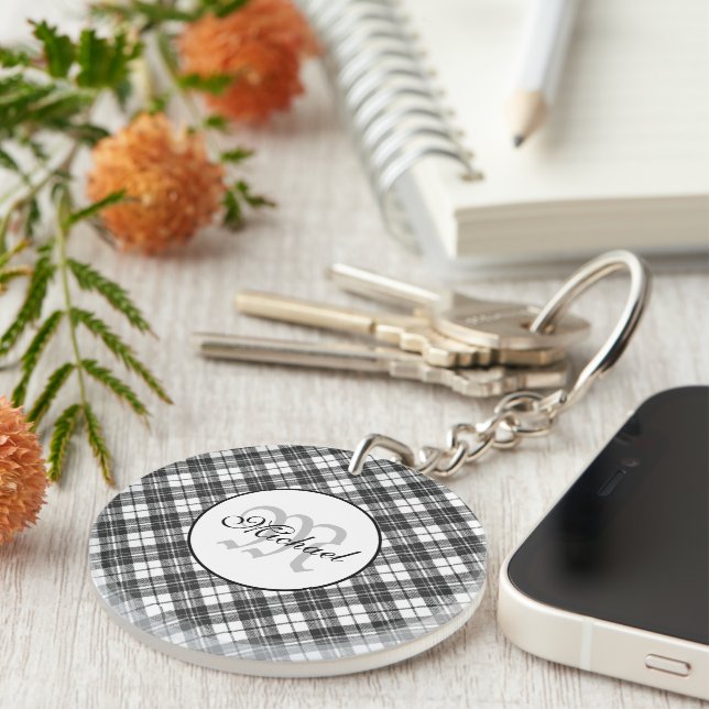 Tartan pattern Christmas black white Monogram Key Ring (Front Right)