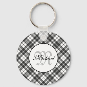 Tartan pattern Christmas black white Monogram Key Ring