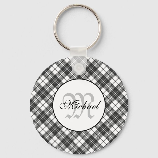 Tartan pattern Christmas black white Monogram Key Ring (Front)