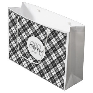 Tartan pattern Christmas black white Monogram Large Gift Bag