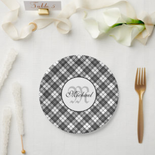 Tartan pattern Christmas black white Monogram Paper Plate