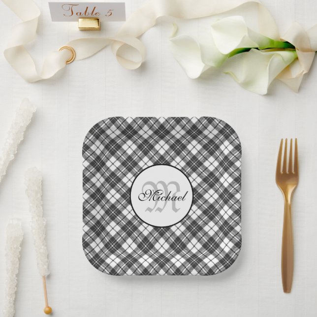 Tartan pattern Christmas black white Monogram Paper Plate (Wedding)