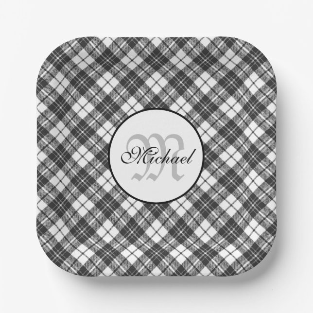 Tartan pattern Christmas black white Monogram Paper Plate (Front)