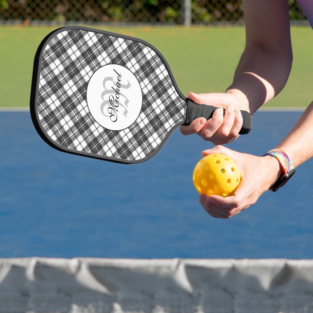 Tartan pattern Christmas black white Monogram Pickleball Paddle (Insitu)