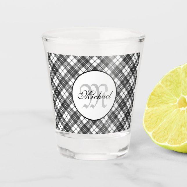 Tartan pattern Christmas black white Monogram Shot Glass (Front)