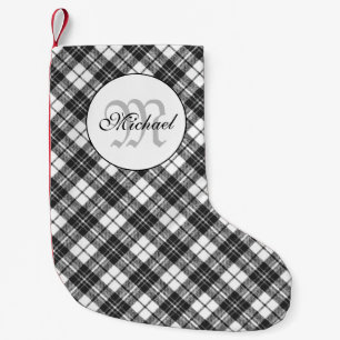 Tartan pattern Christmas black white Monogram Small Christmas Stocking