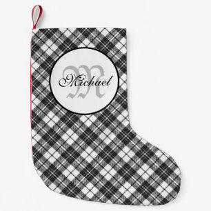 Tartan pattern Christmas black white Monogram Small Christmas Stocking
