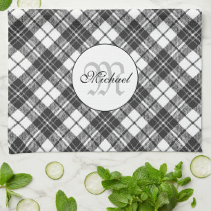 Tartan pattern Christmas black white Monogram Tea Towel