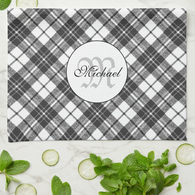 Tartan pattern Christmas black white Monogram Tea Towel (Folded)