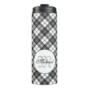 Tartan pattern Christmas black white Monogram Thermal Tumbler
