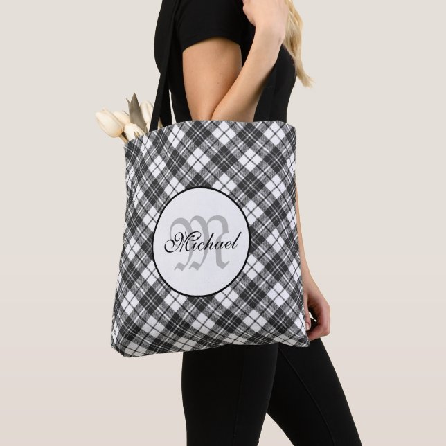 Tartan pattern Christmas black white Monogram Tote Bag (Close Up)