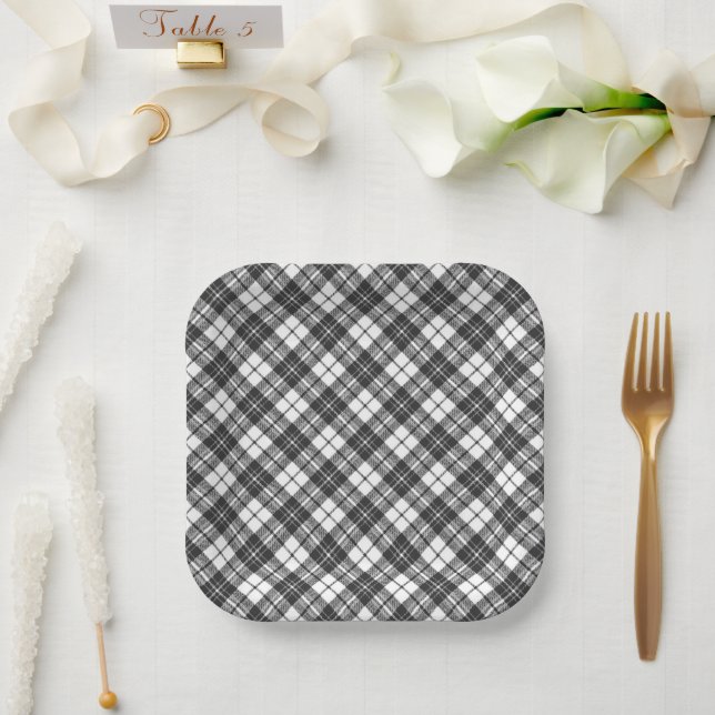 Tartan pattern holidays Christmas black white Paper Plate (Wedding)