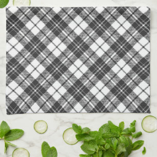 Tartan pattern holidays Christmas black white Tea Towel
