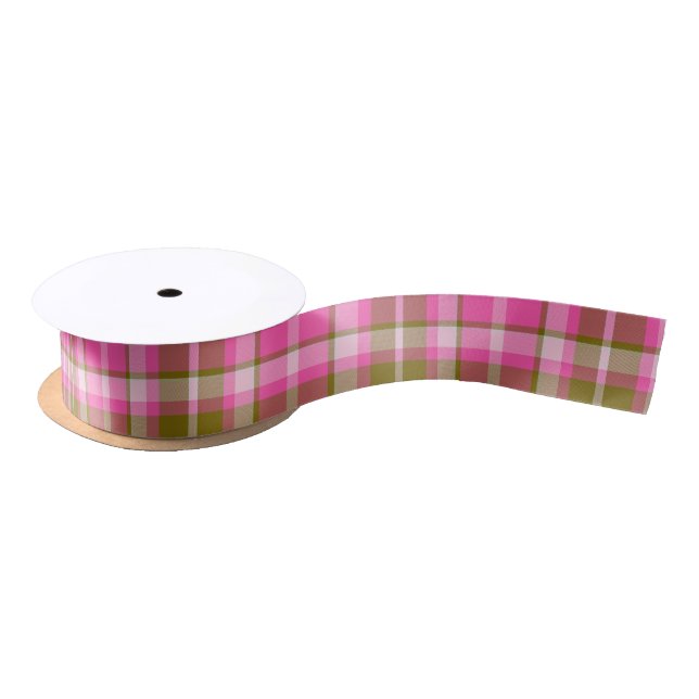 Tartan Pattern Hot Pink and Olive ID210 Satin Ribbon (Spool)