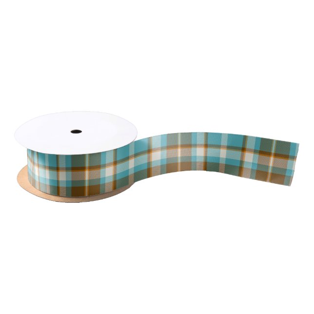 Tartan Pattern Turquoise and Gold ID210 Satin Ribbon (Spool)