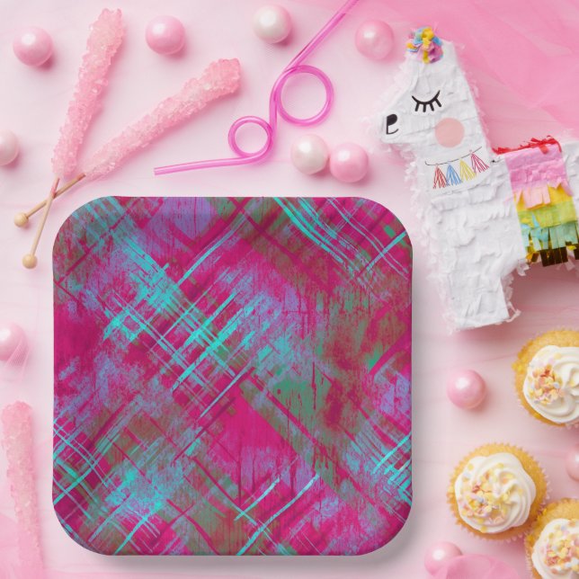Tartan Pink Purple Aqua Plaid Pink Party  Paper Plate (Party)