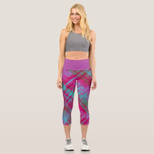 Tartan Pink Purple Aqua Plaid Purple Waistband  Capri Leggings