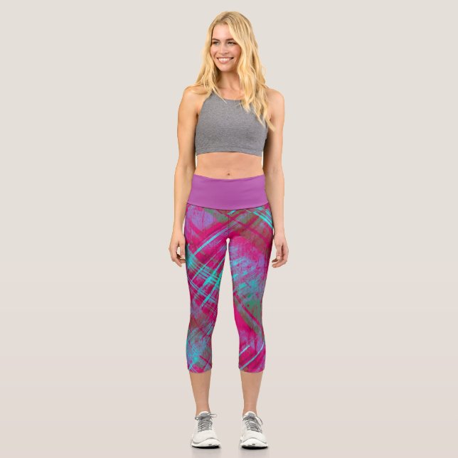 Tartan Pink Purple Aqua Plaid Purple Waistband  Capri Leggings (Front)
