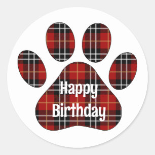 Tartan Plaid Birthday Pawprints Classic Round Sticker