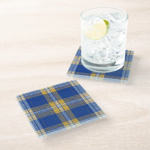 Tartan Plaid Blue and Yellow Glass Drinks Coaster