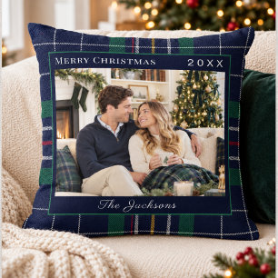 Tartan Plaid Blue Green Photo Christmas Cushion