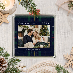 Tartan Plaid Blue Green Photo Christmas Metal Tree Decoration