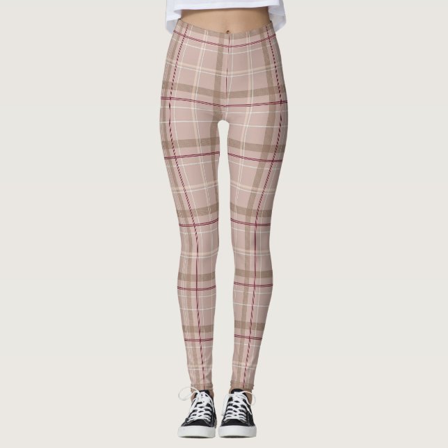 Tartan Plaid Burgundy Tan Pink | Leggings (Front)