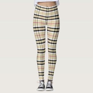 Tartan Plaid Chequered Pattern Leggings in Beige