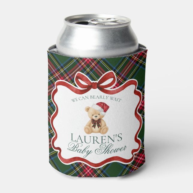 Tartan Plaid Christmas Bear Baby Shower Favor Can Cooler (Can Front)