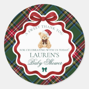 Tartan Plaid Christmas Bear Baby Shower Favor Classic Round Sticker