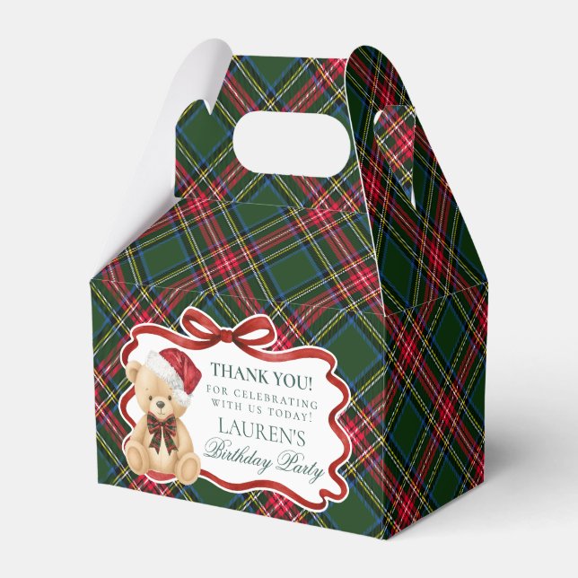 Tartan Plaid Christmas Bear Birthday Favor Box (Front Side)