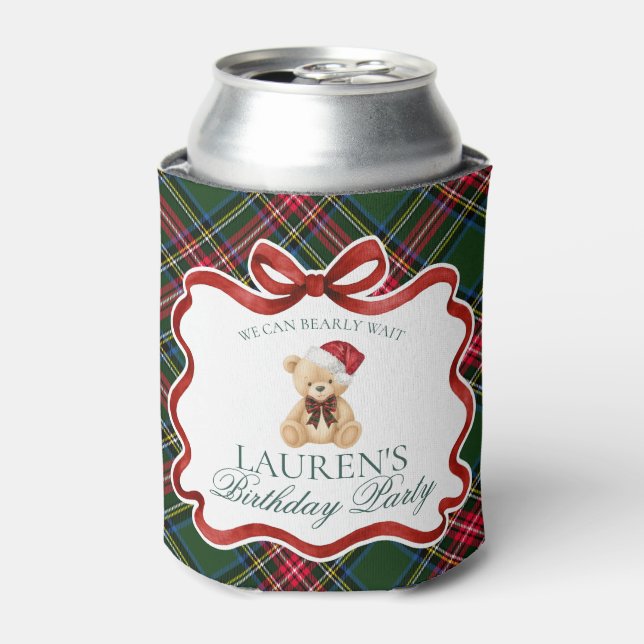 Tartan Plaid Christmas Bear Birthday Party Favor Can Cooler (Can Front)