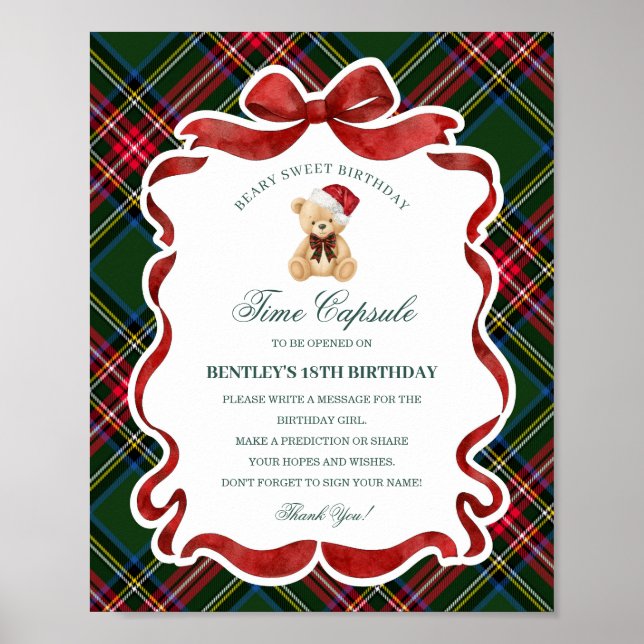 Tartan Plaid Christmas Bear Birthday Time Capsule Poster (Front)