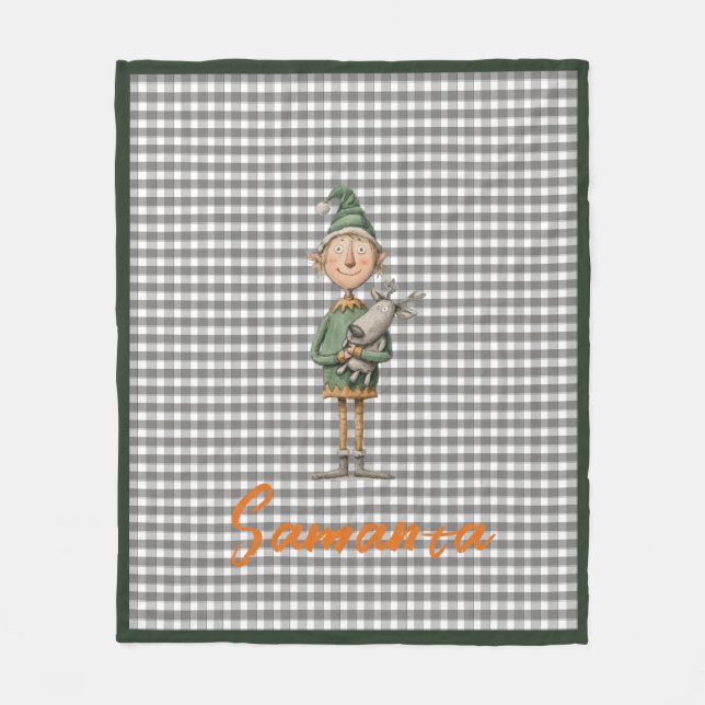 Tartan plaid christmas elf reideer grey white name fleece blanket (Front)