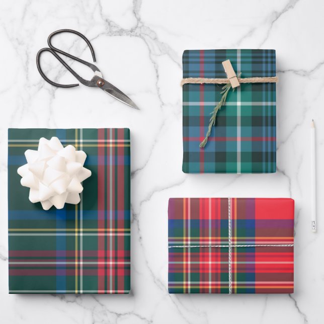 Tartan Plaid Christmas Festive Red Green Blue Wrapping Paper Sheet (Front)