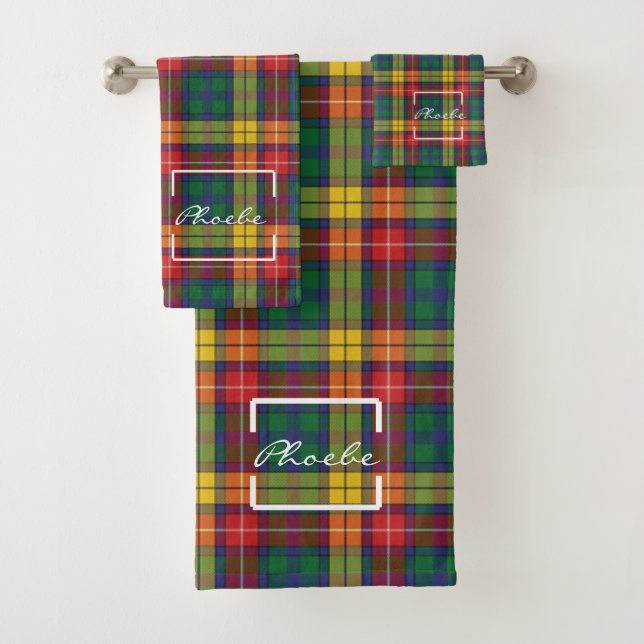 Tartan Plaid Clan Buchanan Yellow Red Green Check Bath Towel Set (Insitu)