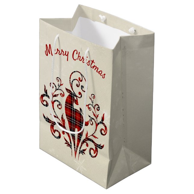 Tartan Plaid Deer On Snowflake Design  Medium Gift Bag (Front Angled)