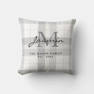 Tartan Plaid Grey White Family Name Monogram Cushion