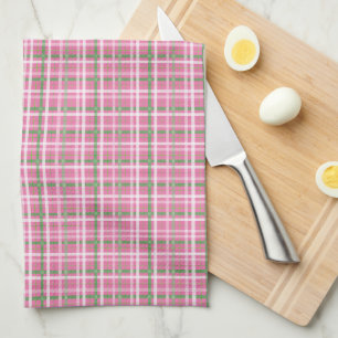 Tartan Plaid in Pink, Green, and White Tea Towel