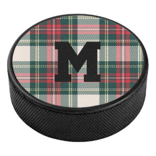 Tartan Plaid INITIAL Holiday Sports Christmas Hockey Puck