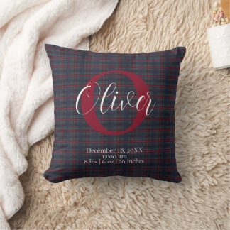 Tartan Plaid Monogram Birth Stats Newborn Baby Boy Cushion