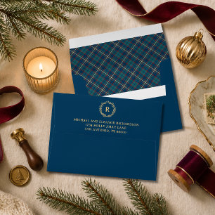 Tartan Plaid Monogram Wreath Navy Blue Christmas Envelope