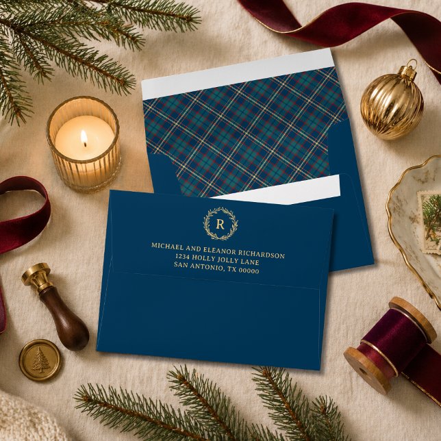 Tartan Plaid Monogram Wreath Navy Blue Christmas Envelope (Creator Uploaded)