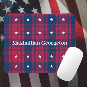 Tartan Plaid - Patriotic - Red Blue White Stars Mouse Mat