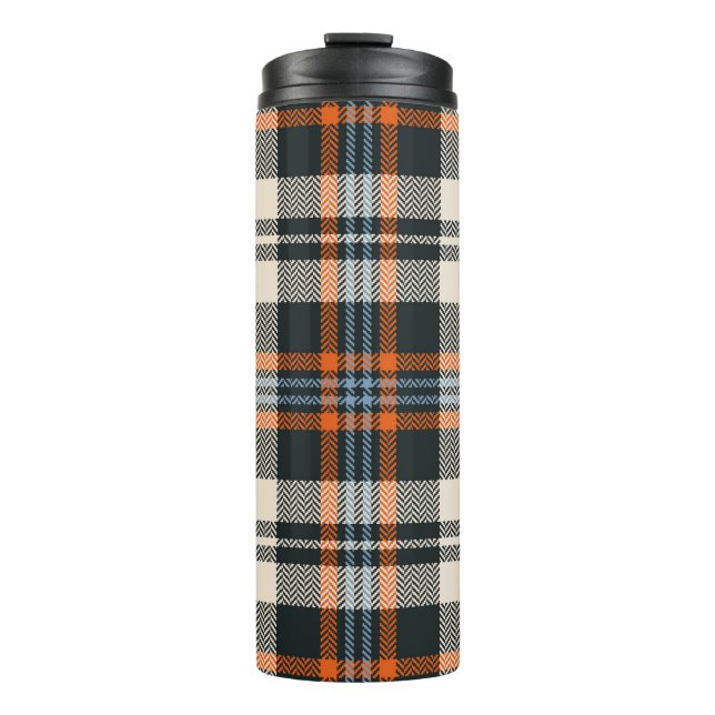 Tartan plaid pattern autumn in black, orange, blue thermal tumbler (Front)